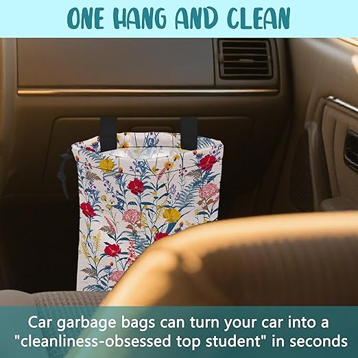 KXWQTRDD Car Garbage Bag Colorful Flowers and Leaves Drawstring Car Trash Bag Hanging for Back Seat with Adjustable Buckle Canvas Vehicle Trash Can Easy-to-Install