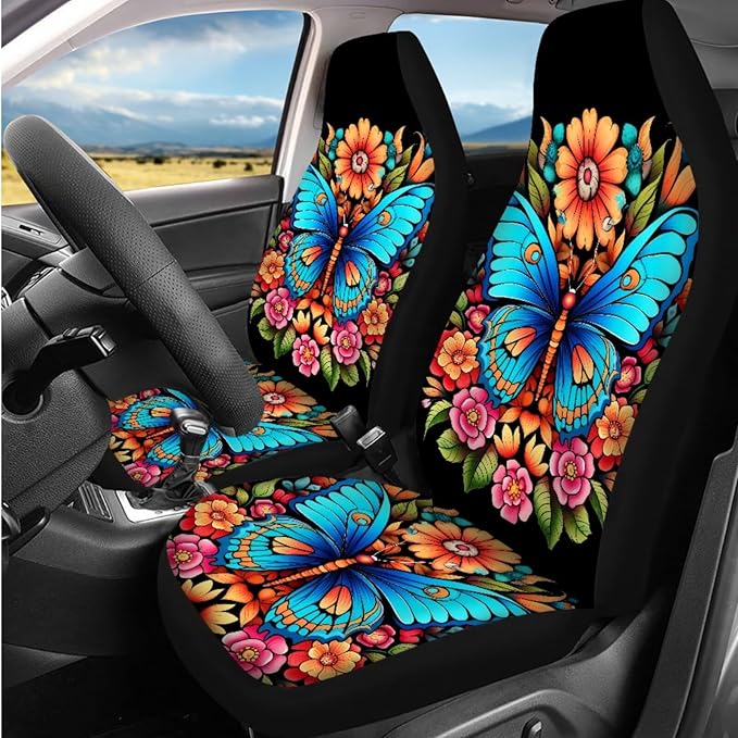 Dngkaoje Butterfly Flowers Car Seat Cover Set 13 Pcs Vintage Butterfly Print Car Interior Accessories Full Set for Women Auto Center Console Cover Pad,Hanging Trash Bag,Seatbelt Shoulder Pads