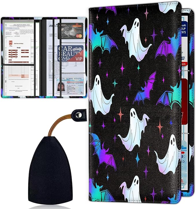 Car Registration Holder, PU Leather Vehicle Card Document Glove Box Organizer, Women Interior Auto Accessories Case for Cards, Driver License Car Insurance Holder, Halloween Cute Ghosts + Bats