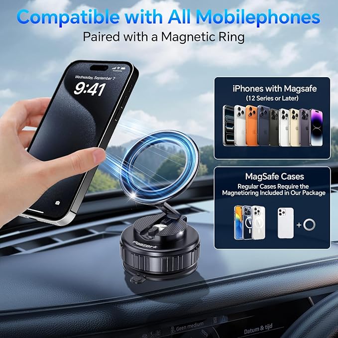 Car Phone Holder for Magsafe [78+LBS Strongest Suction & 2500gf Strongest Magnetic] 360° Adjustable Car Phone Mount.Portable Phone Holders for Car for iPhone 17，Black