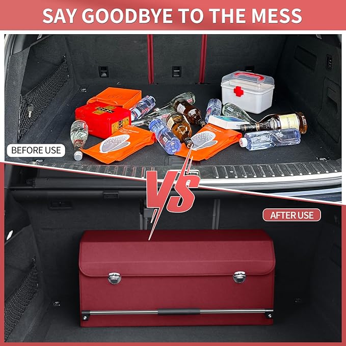 XCF Car Trunk Organizer, Trunk Organizer for SUV with Push-pull Handle and Lid Car Leather Trunk Storage Box (Claret, 27.17 x 11.42 x 12.2in)