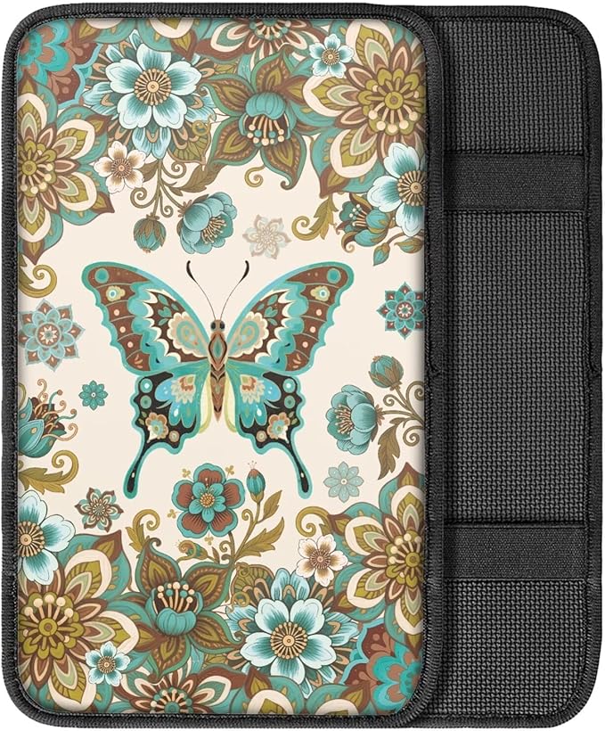 Butterfly Flowers Arm Rest Cover Car Easy to Install Car Console Covers Vehicle Armrest Cover Vehicle Accessories 12.3 x 7.5 Inch Fit for Most Cars, Vehicles, SUVs