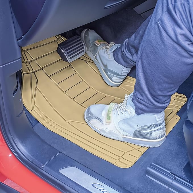 TLH Car Floor Mats, Beige Sleek Linear, Full Set, Rubber, Waterproof, Stain-Resistant, Easy to Clean, Washable, Durable for Ultimate Protection, Perfect for Cars, Trucks, SUVs, Vans
