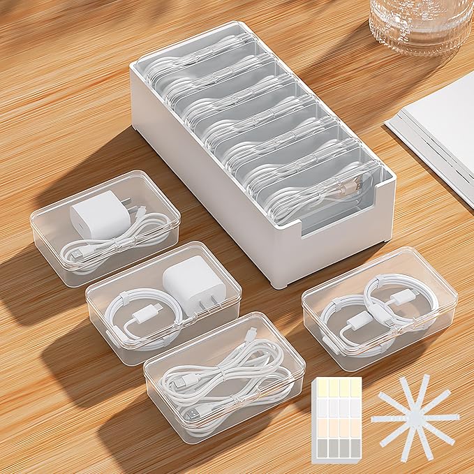 7 Case Cable Storage Box with Cable Straps and Label Stickers, Travel Cord Organizer for Charging Cables, USB Wires, Earphones – Drawer Organization for Home & Office (7 Cases + 7 Cable Straps)