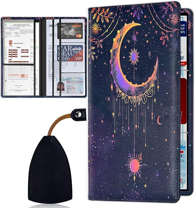 Car Registration Holder, Waterproof PU Leather Vehicle Card Document Glove Box Organizer, Women Interior Auto Accessories Case for Cards, Driver License Car Insurance Holder, Sun Moon Pattern