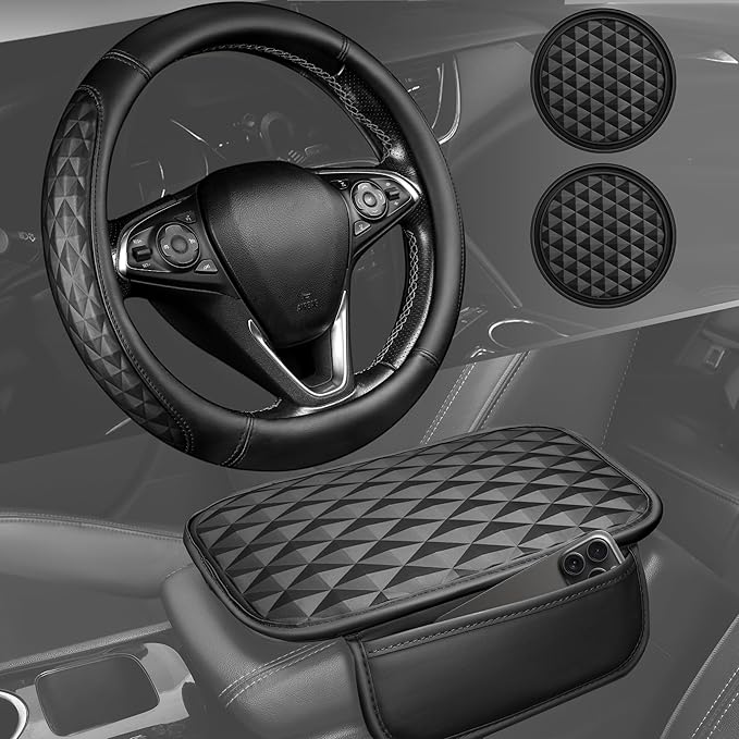 CAR PASS 3D Memory Foam Leather Car Steering Wheel Cover Set, Comfortable Rhombus Leather Center Console Armrest Cushion with Storage Bags Non-Slip 14.5-15in Car Interior Covers Sets, 4 PCS All Black