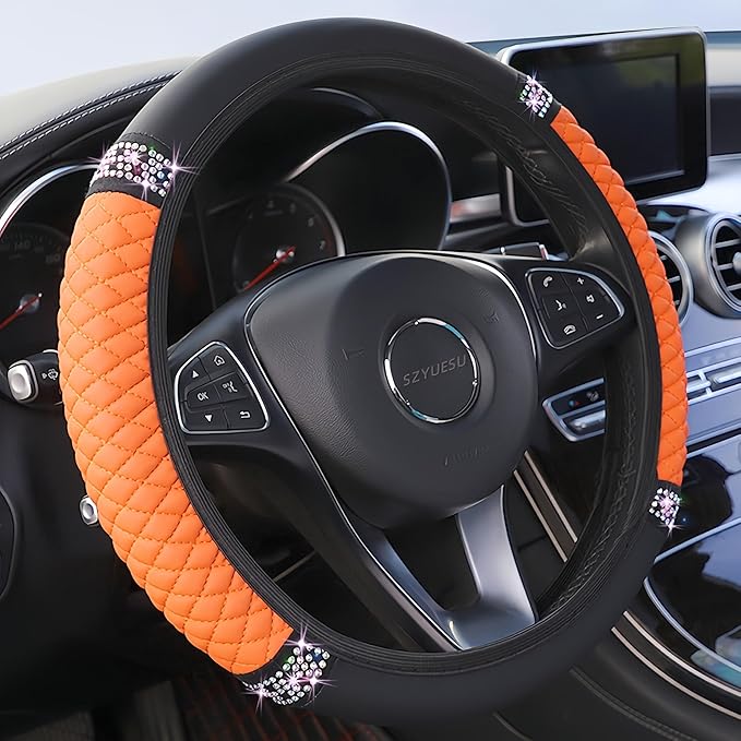 Bling Soft Leather Steering Wheel Cover 15 Inch with Sparkly Diamond Rhinestones for Women and Girls – Elastic Car Accessory for Most Cars (Orange)