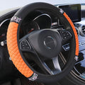 Bling Soft Leather Steering Wheel Cover 15 Inch with Sparkly Diamond Rhinestones for Women and Girls – Elastic Car Accessory for Most Cars (Orange)