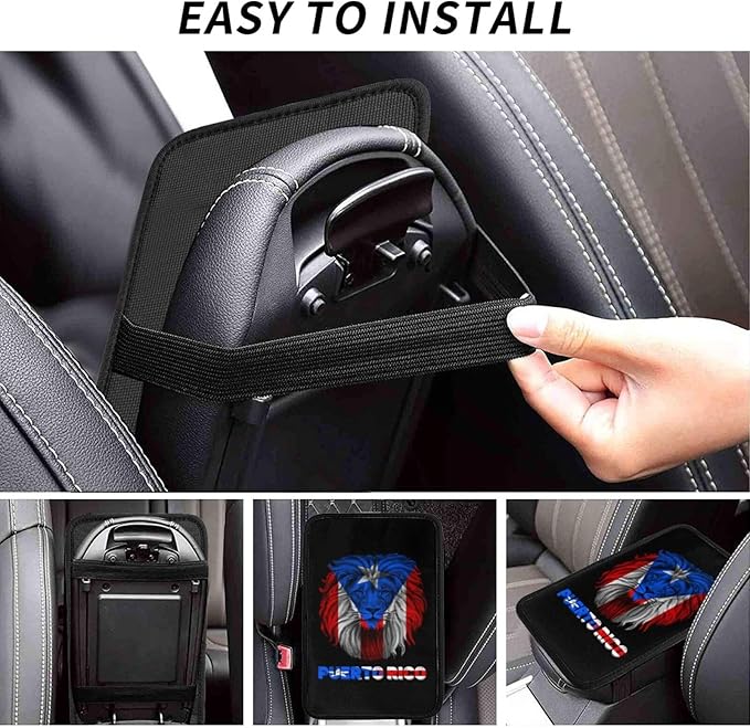 Vintage Lion Head Puerto Rico Flag Auto Center Console Armrest Cover Car Handrail Box Cushion Pad Mat Universal Fit Most Vehicle Sedan Truck SUV Soft Comfort Decor Accessories