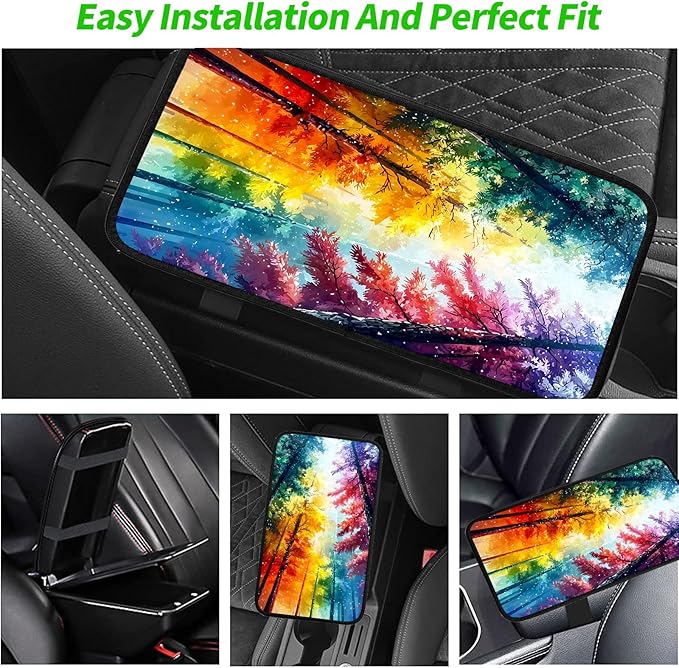 JANENFNA Car Armrest Cover Pads Universal Fashion Cute Auto Center Console Armrest Cover Pad with 2PCS Car Coasters Soft Waterproof Car Armrest Seat Protector for Women,Colorful Forest-A