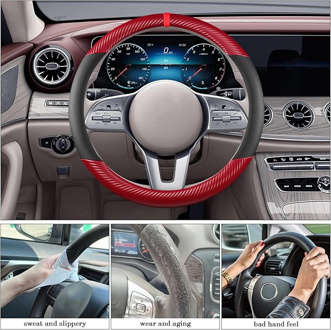 Black & Red Carbon Fiber Leather Steering Wheel Cover, Microfiber Leather, Anti-Slip, Breathable, Universal Fit for 14.5–15 in Steering Wheel Cover for Men Women