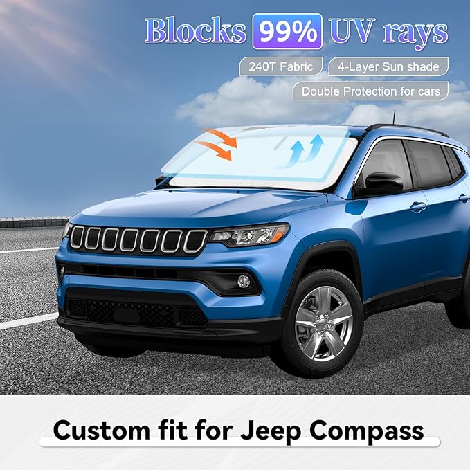 2025 Sun Shade Sunshade for Jeep Compass 2017-2024 2025 Windshield Cover, 4-Layer Front Window Shade Custom fit Compass Sun Visor 240T Retractable Shield Shade Blocks UV Rays Cooler Car Accessories