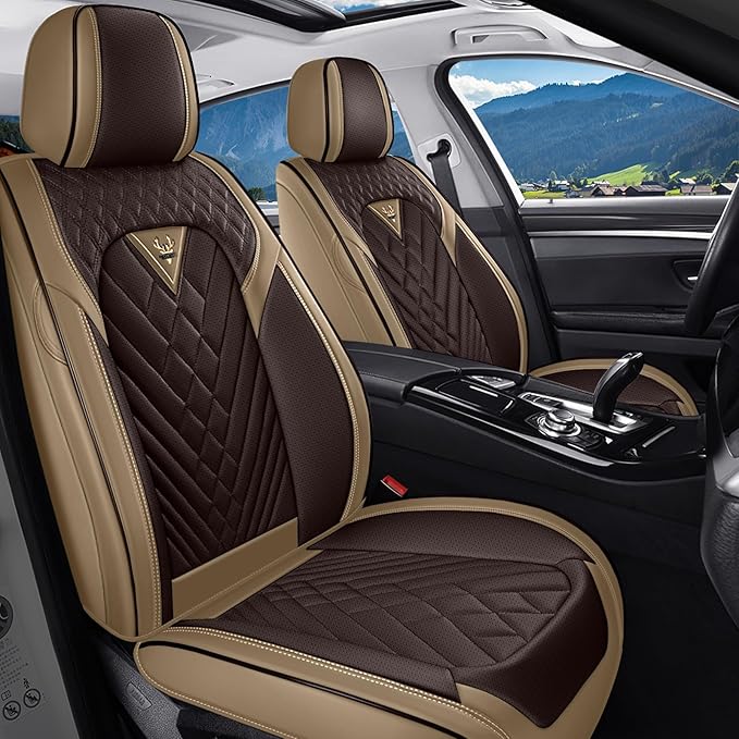 BYXN Car Seat Covers for Jeep Wrangler 2000-2026,Breathable Nappa Leather Car Seat Protector,Front Seat Covers Automotive Seat Cushion with Airbag Compatible(Front Seats,Beige-Brown)
