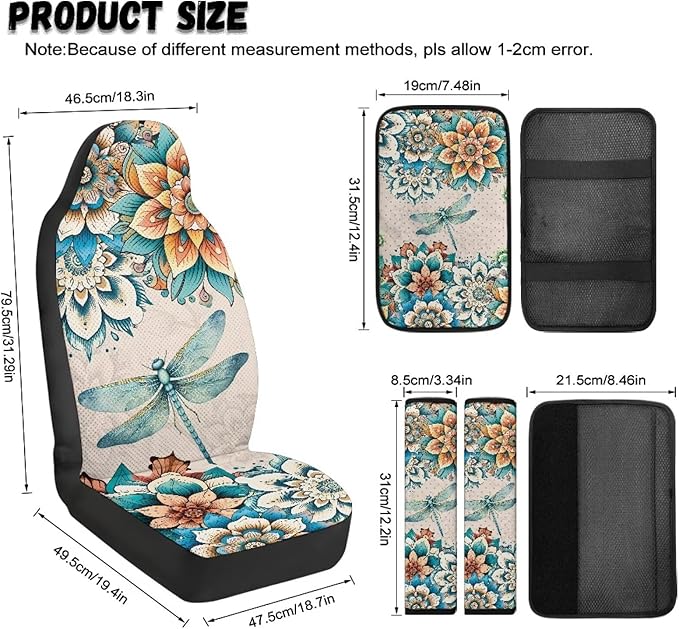 Psesaysky 5-Piece Car Accessories Set, Boho Flower Dragonfly Universal Fit PU Leather Seat Covers with Seatbelt Pads and Armrest Cover for Cars, Trucks, SUVs, Vehicle Decor