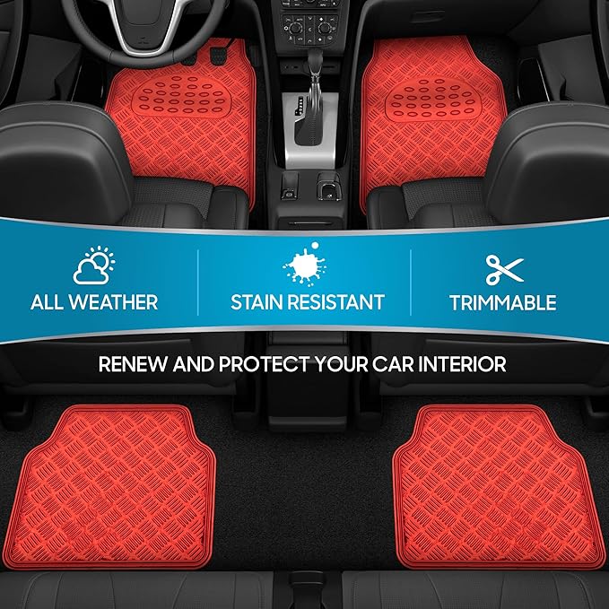 BDK Metallic Chrome Car Floor Mats All-Weather Universal Fit Automotive Floor Mats for Cars SUVs, Floor Mats for Trucks, Car Mats Full Set Front & Rear, Non-Slip Backing - Red