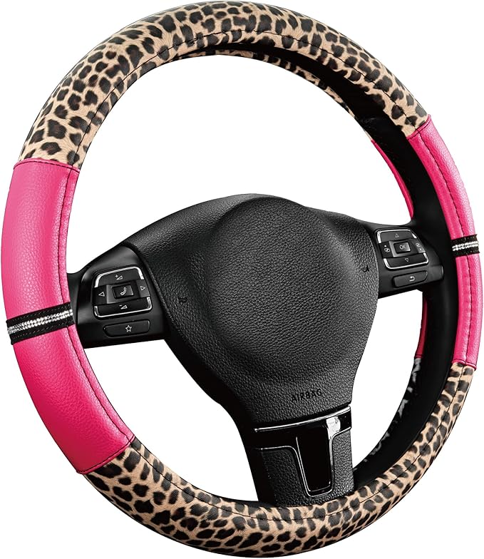 Road Comforts Leopard Steering Wheel Cover - Made with PVC Leather Cheetah Print - Anti-Slip, Universal Fit 14 1/2 inches to 15 inches - Hot Pink