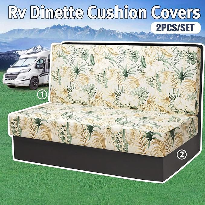 Stretch Rv Dinette Cushion Covers,2 Seat Rv Seat Covers with 1 Backrest & 1 Bench Covers,RV Cushion Couch Covers Dinette Both Seats for RV Camper (Plant 3, 2 Backrest & 2 Bench Covers)