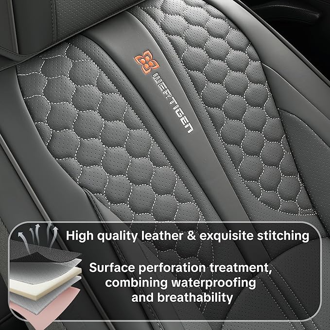 Wertigen Universal Gray Leather Car Seat Covers Full Set – Waterproof Automotive Seat Protector for Cars, SUVs & Pickups, Airbag Safe, Non-Slip Design, Easy Installation, Durable Material