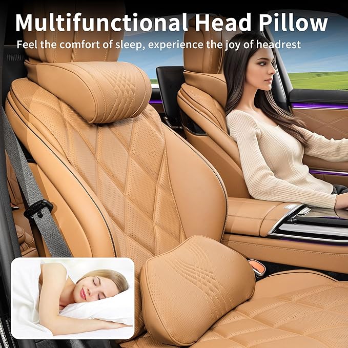 Dapucarin Lumbar Support Pillow for Car Seat, Office Chair Nappa Leather Memory Foam Lower Back Cushion for Back Pain Relief Improve Posture, Ergonomic Back Rest for Gaming Chair, Palomino, 1PC