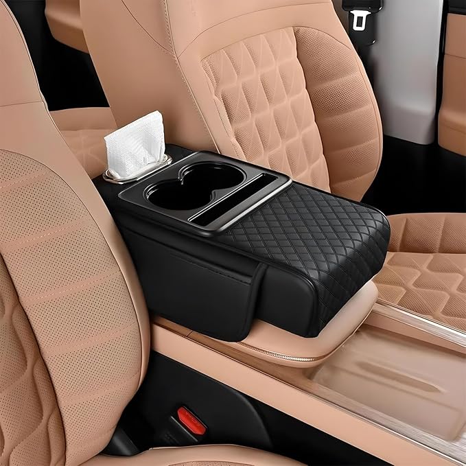 Multifunctional Pu Leather Car Armrest Box Mat With Cup Holders, Universal Armrest Box Pad, With Side Pockets, Easy To Clean Interior Organizer Waterproof For Cars, Trucks, Suvs (Embossed, Black)