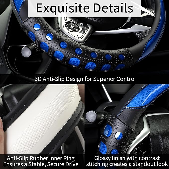 QCYP PU Leather Car Steering Wheel Cover with Anti-Slip Grip, for Women and Men, Universal Fit for 14.5-15 Inch Cars, Trucks, SUVs (Blue (Round), Medium(Standard) Size[14 1/2''-15''])
