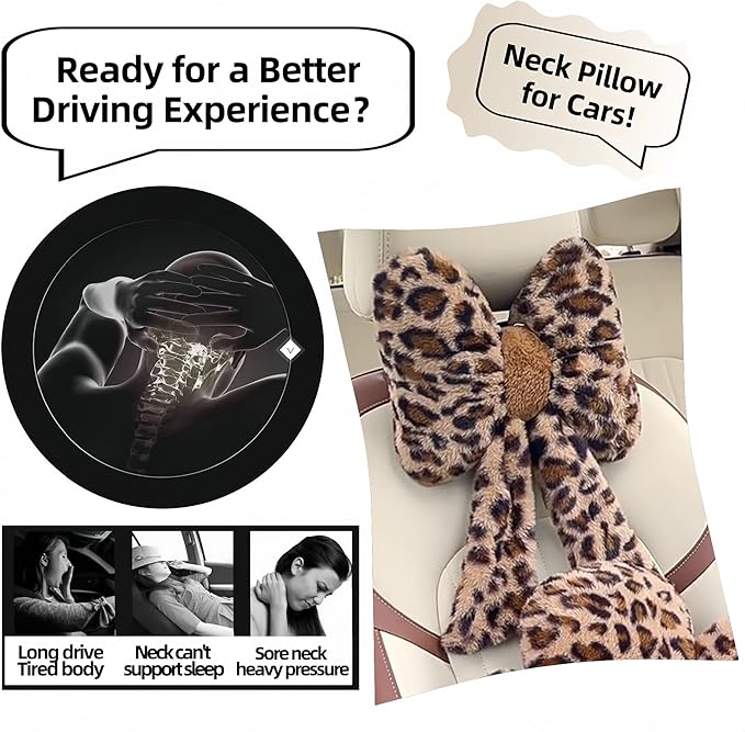 Car Steering Wheel Cover with Leopard Print & Cute Bowknot Soft Anti-Slip Y2K Retro Luxury Fluffy Fur Car Interior Accessory (Leopard Set 3)