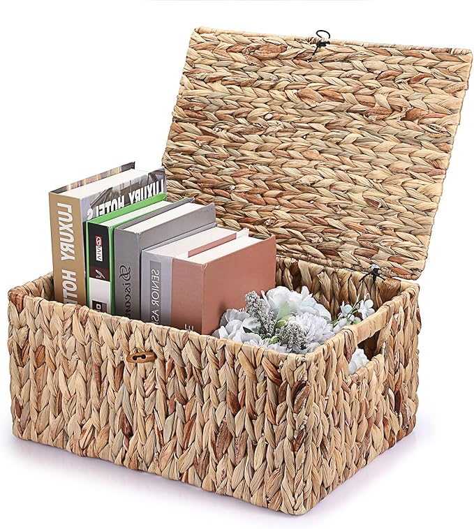 Hipiwe Wicker Storage Bins with Lid, X-Large Handwoven Water Hyacinth Wicker Baskets Rectangular Decorative Shelf Baskets Bin Built-in Handles Household Basket Boxes for Shelf Home Organizing