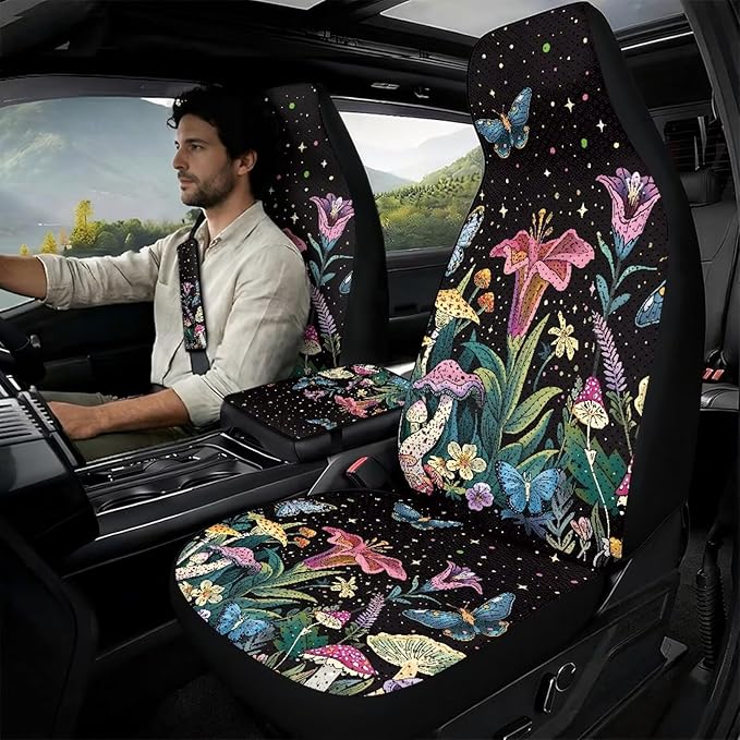 Psesaysky Anti-Scratch Leather Car Interior Set: Mushroom Butterfly Floral 2 Front Seat Covers + 2 Seat Belt Protectors + 1 Armrest Pad Compatible with Most Vehicles