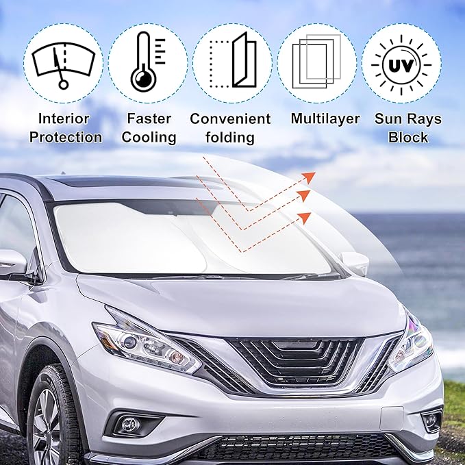 Windshield Sun Shade Custom Fit for 2015-2020 2021 2022 2023 2024 Nissan Murano Accessories Foldable Sunshade Sun Blocker Protect Car from Sun Rays & Heat Damage Keep Car Cooler