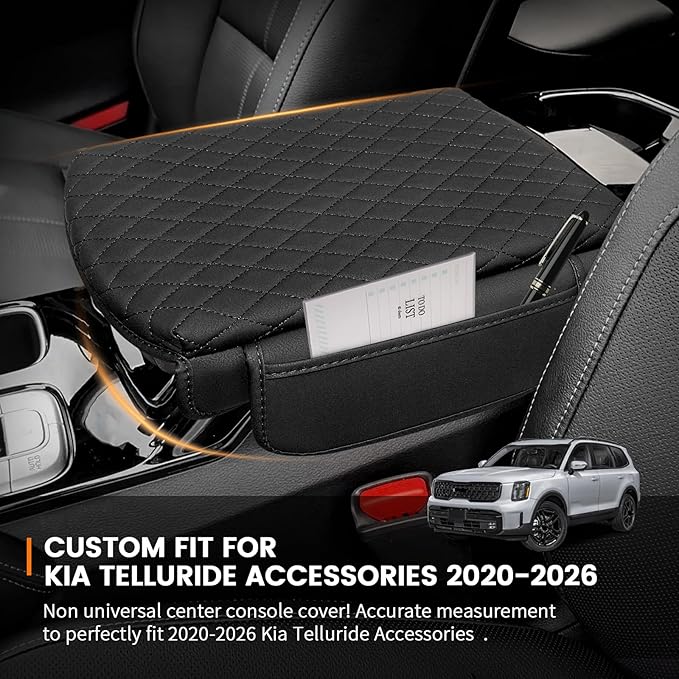 Custom for Center Console Cover Kia Telluride 2026 2025-2020 Armrest Cover Accessories PU Leather Armrest Seat Box Cover Protector with Pockets Storage Bag