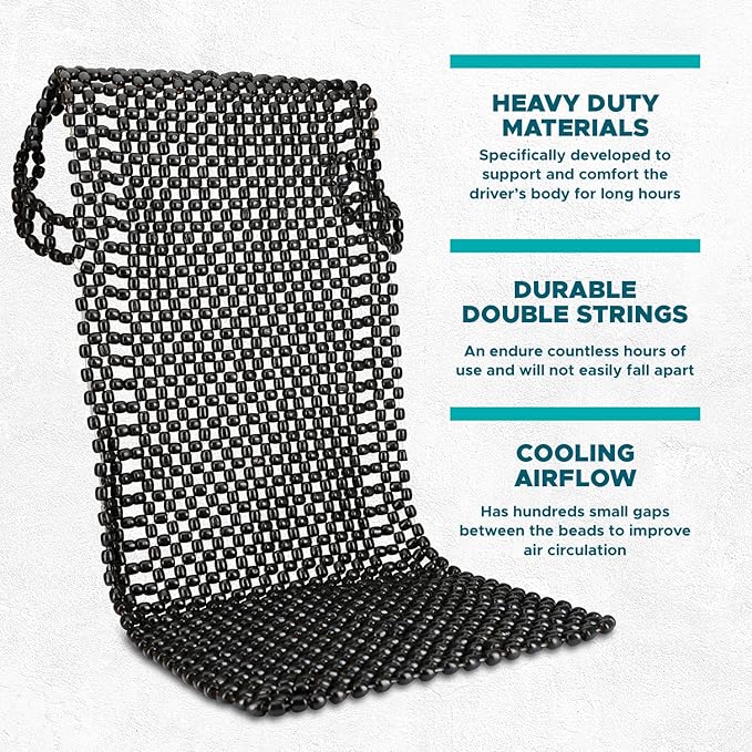 VaygWay Beaded Seat Cushion Car Driver Seat Cover with Durable & Double Strung Natural Wood Beads- Cooling Comfort Ventilated Massaging Support Cushion for Cars, Trucks & Office Chairs- Black