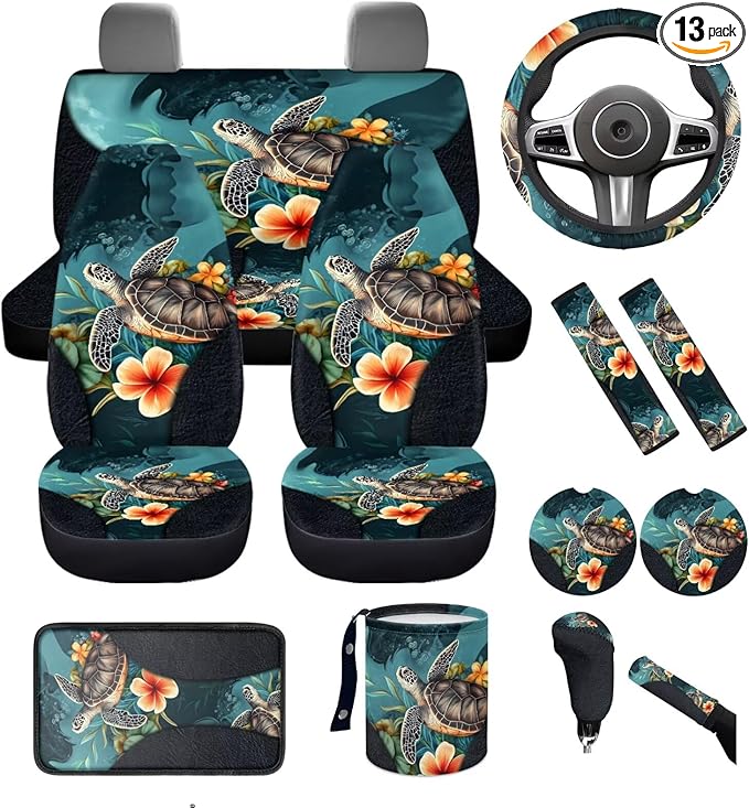 DNGKAOJE Hawaiin Sea Turtle Car Seat Covers Full Set,13 Pieces Art Turtle Print Seatbelt Shoulder Pads,Collapsible Garbage Bin,Armrest Pad Cover,Armrest Pad Set for Women Men Auto Interior Accessories