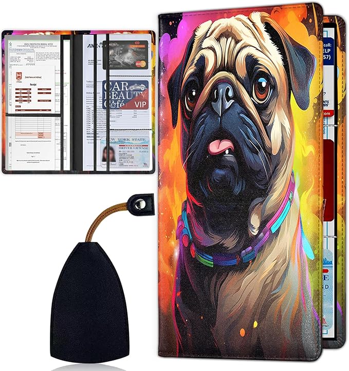 Car Document Holder with Magnetic Shut, Car Registration & Insurance Card Holder, Waterproof PU Leather Glove Box Organizer Vehicle Accessories Driver License for Women/Men, Pug Dog Pattern