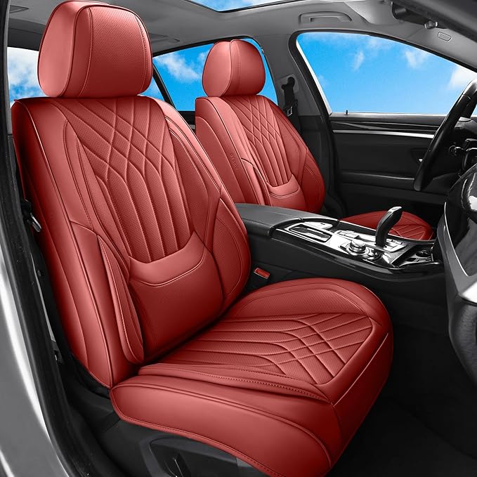 GEZHOUBA Red Car Seat Covers Front Seats, Luxury Leather Automotive Front Seat Covers with Lumbar Support, Waterproof Full Wrapped Red Seat Covers Universal Fit for Most Cars Sedans SUVs