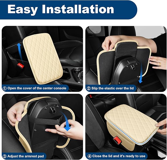 Car Center Console Cover Fit for Volkswagen ID.4 Leather Armrest Cover with 2 Storage Bags Waterproof Console Cover Scratch & Wear Resistant(Beige)