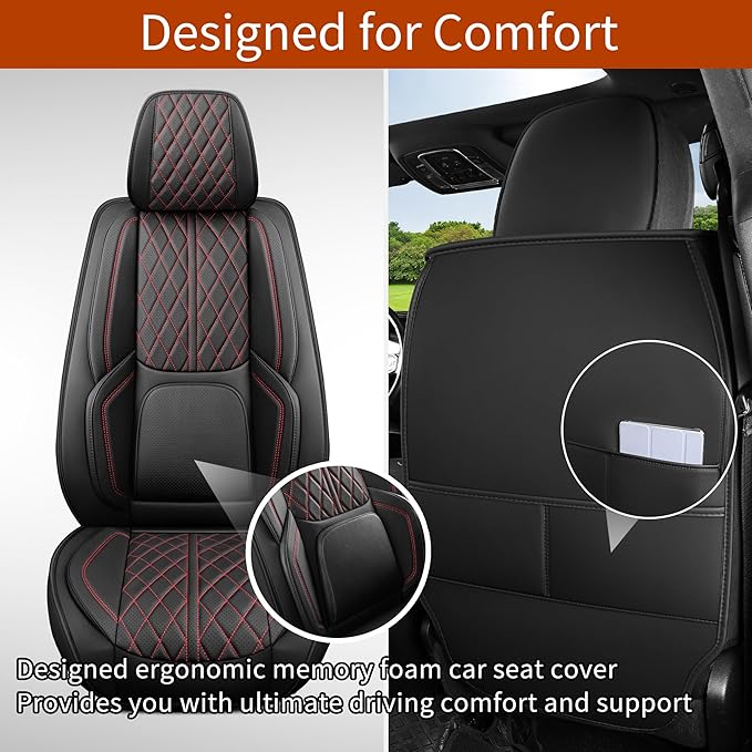 Automotive Seat Covers Universal Fit for Cars, SUV, Sedans, with Anti-Slip Breathable Faux Leather (Black Redline, Front Seat)