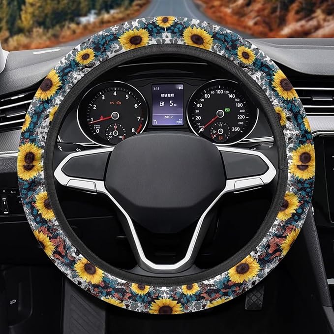 Universal Non-Slip Steering Wheel Cover, 15-inch Polyester Material Driving Accessories, Adjustable for Car and Truck(Indigo Leopard Sunflower)
