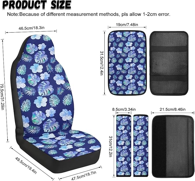FUSURIRE 5 PCS Tropical Palm Leaf Car Accessories Set-PU Front Seat Covers, Seat Belt Covers & Center Armrest Pad Universal Fit Car SUV Truck Van
