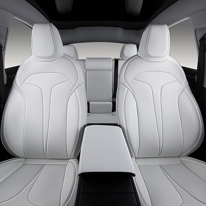 OURPLOT Custom Fit Seat Covers for 2025 2026 Tesla Model Y Juniper (5-Seater), Waterproof Breathable Nappa Leather, OEM Factory Style Full Set Car Seat Protectors Airbag Compatible - White