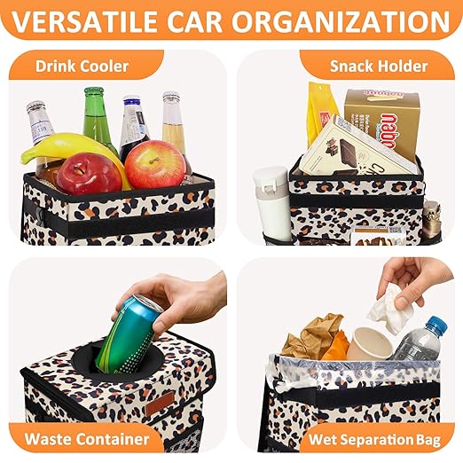 Vankor 3 Gallons Cute Car Trash Can, Car Accessories for Interior Leak Proof Can Trash Bag Hanging Waterproof Automotive Vehicle Garbage Cans Leopard Print Pattern