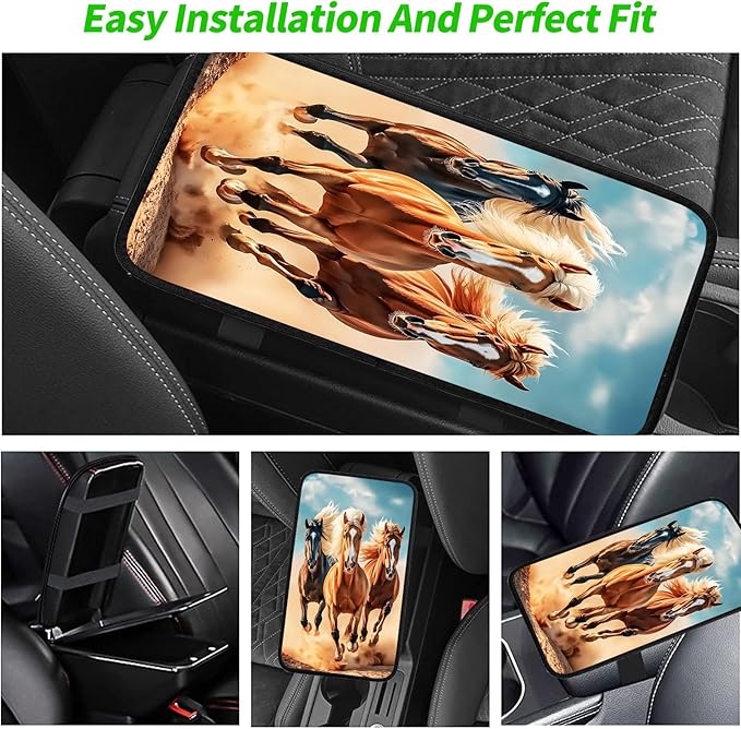 JANENFNA Car Armrest Cover Pads Universal Fashion Cute Auto Center Console Armrest Cover Pad with 2PCS Car Coasters Soft Waterproof Car Armrest Seat Protector for Women,Free Wild Horses Running