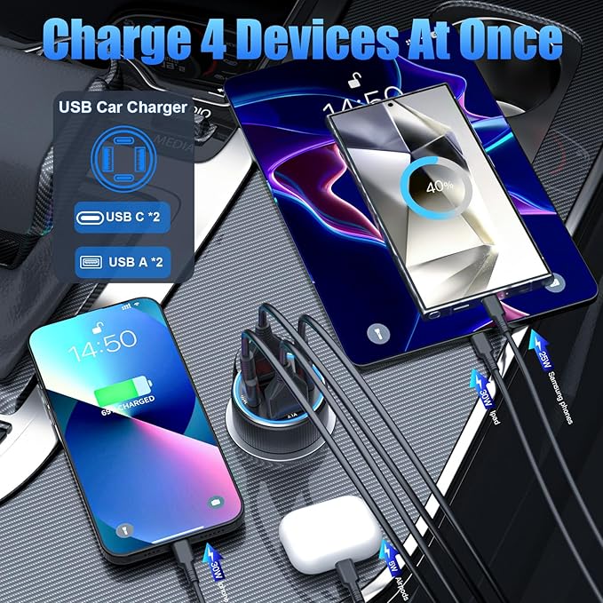 Car Charger USB C, 78W 4 Port Fast Charging Car Phone Charger Adapter, Dual USB-C & USB-A Cigarette Lighter Adapter with Voltmeter Vehicle Accessories for iPhone 17 16, iPad, Samsung, Android