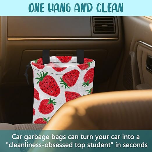 KXWQTRDD Car Garbage Bag Red Sweet Strawberry Drawstring Car Trash Bag Hanging for Back Seat with Adjustable Buckle Canvas Vehicle Trash Can Easy-to-Install