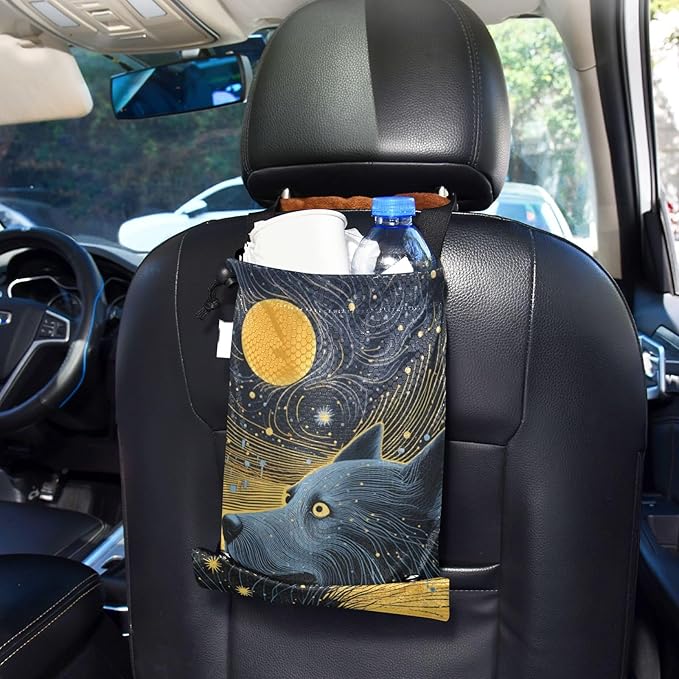 ALAZA Hanging Car Trash Bags Garbage Bag Trash Can for Back Seat Small Wolf 3 Washable Storage Bag Retractable 2 Pack