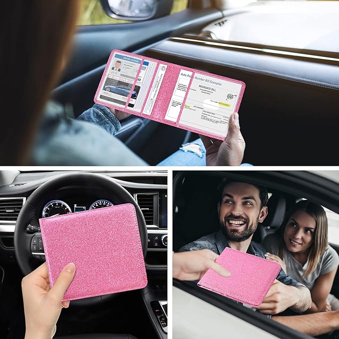 DMLuna Car Registration and Insurance Holder, Folio Leather Vehicle Card Document Glove Box Organizer, Auto Truck Compartment Accessories for Essential Information, Driver License Cards, Glitter Pink