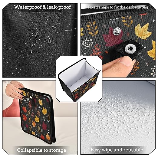 Car Trash Can Organizer Bin with Adjustable Strap for Back Front Seat Console Waterproof Leakproof Collapsible Portable 8.66 Inch Autumn Leaf Pattern Black
