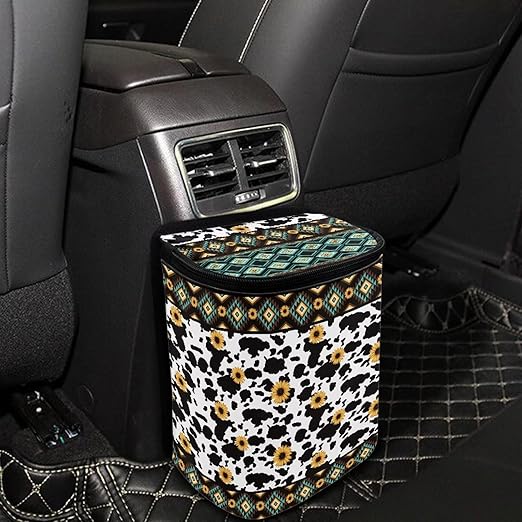 Tribal Aztec Cow Print Car Trash Bin Interior Accessories Portable Leak Proof Vehicle Garbage Cans Bag for Back Seat Washable Mini Car Trash Cans