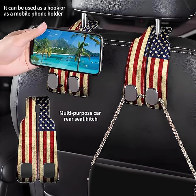AEWNUNK Purse Hook for Car Vintage American Flag 1 Pack Headrest Back Seat Hook Premium Leather Double Metal Hanger Storage Pack Bag Purse Holder Car Interior Accessories