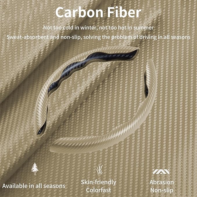 LevChall Carbon Fiber Steering Wheel Cover, 2-Piece Set Anti-Skid Comfortable Grip Segmented Butterfly Design, Easy Snap-On Installation Universal Fit 99% Cars, Beige