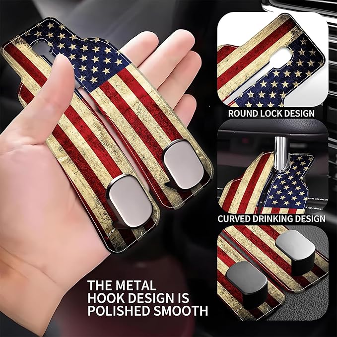 AEWNUNK Purse Hook for Car Vintage American Flag 1 Pack Headrest Back Seat Hook Premium Leather Double Metal Hanger Storage Pack Bag Purse Holder Car Interior Accessories
